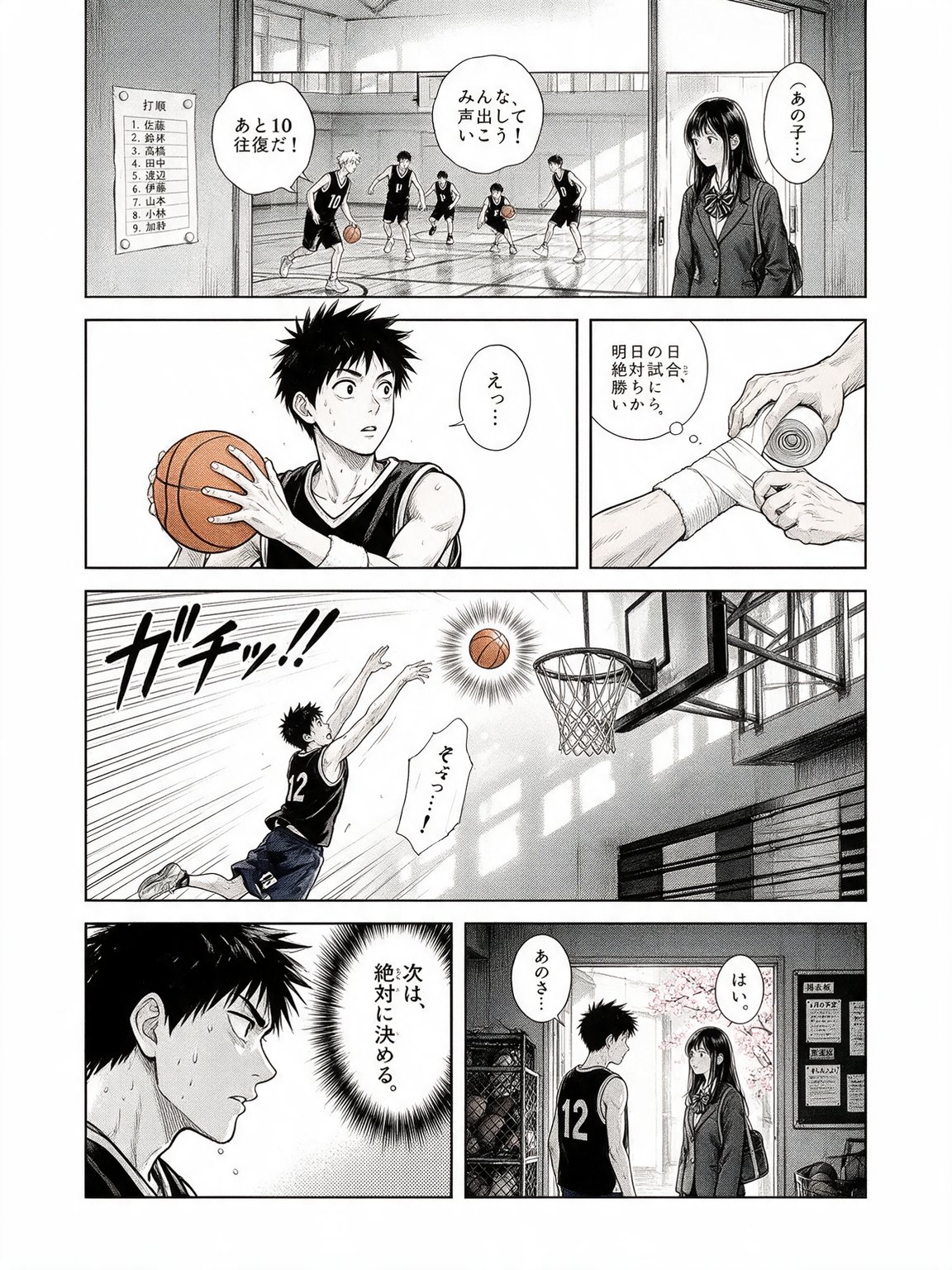 Black-and-white six-panel manga page about a high school basketball player