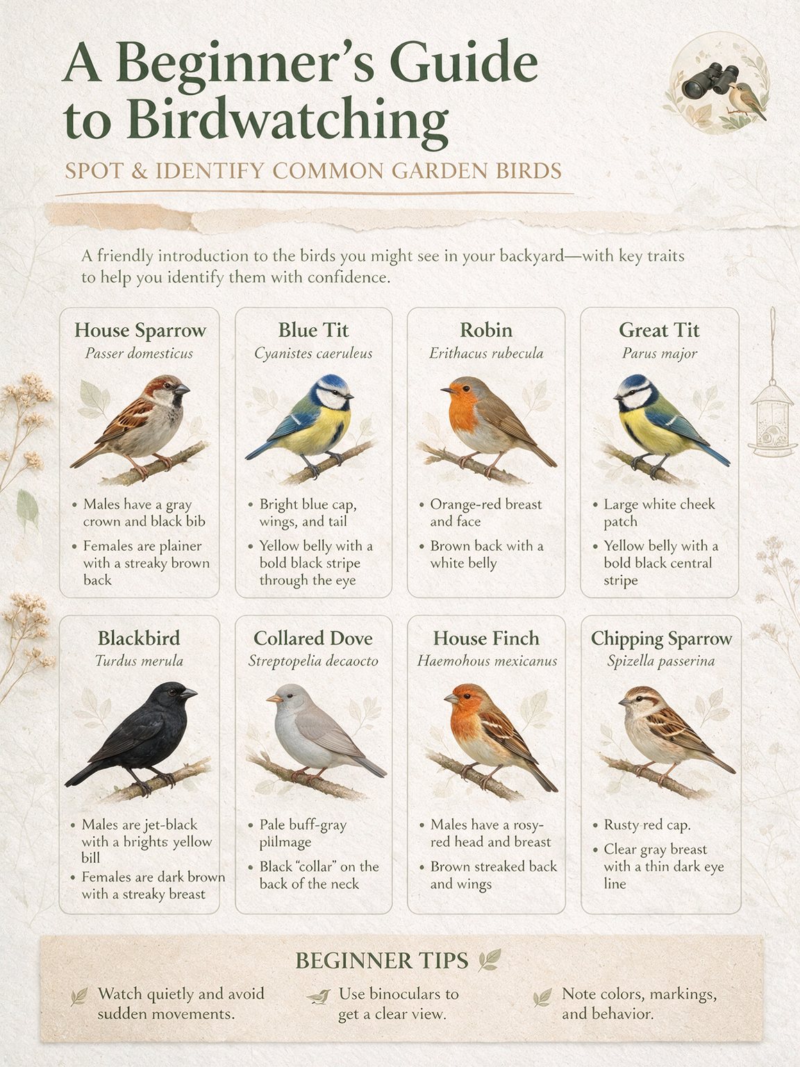 Field-guide infographic of eight garden birds titled A Beginner's Guide to Birdwatching