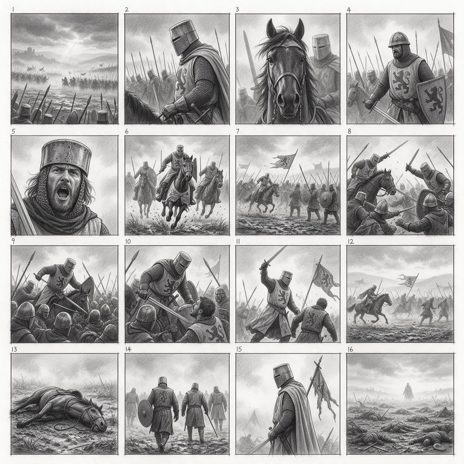 Sixteen-panel pencil storyboard of a medieval cavalry charge
