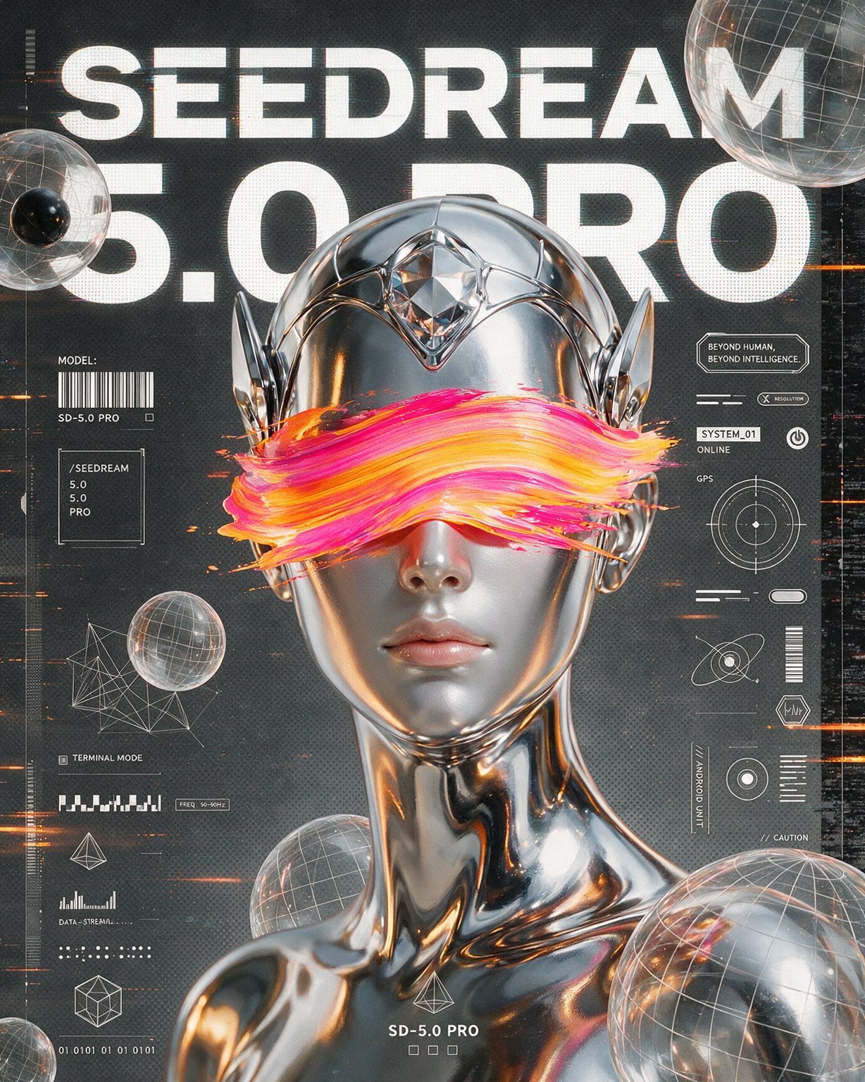 Cyberpunk poster of a chrome android with a neon paint stroke and the words Seedream 5.0 Pro