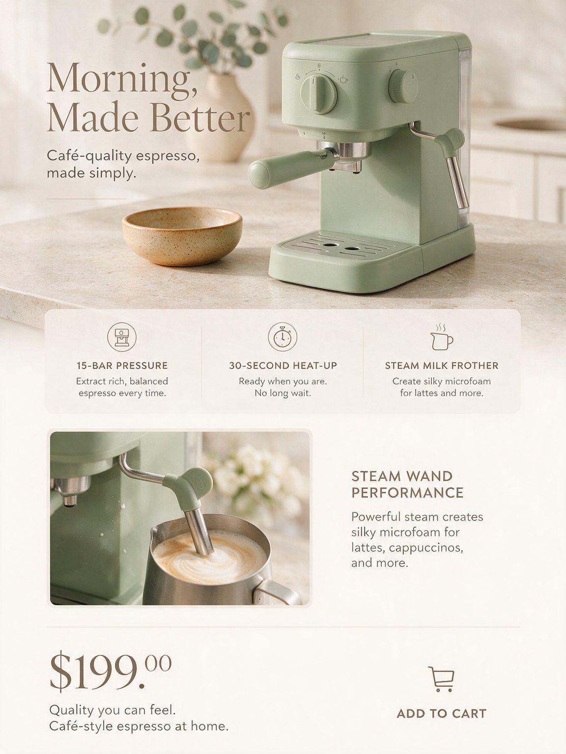 Product detail page for a sage-green espresso machine