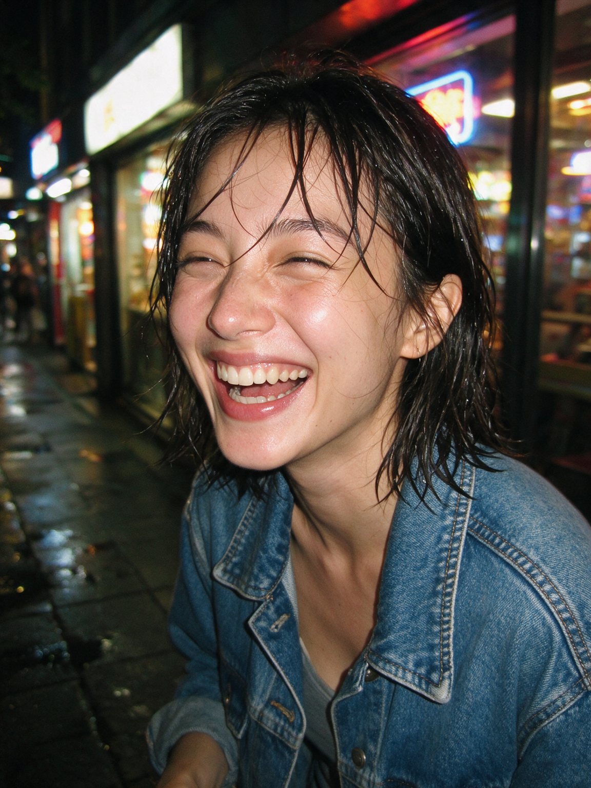 Candid flash photo of a laughing woman on a rainy city street at night