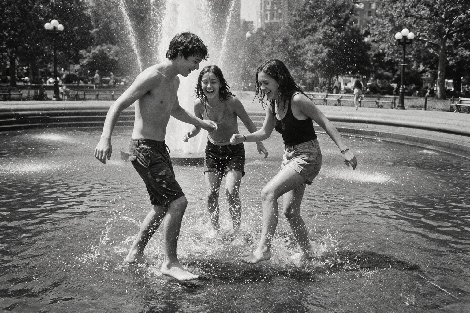 Black-and-white photo of three friends splashing in a park fountain