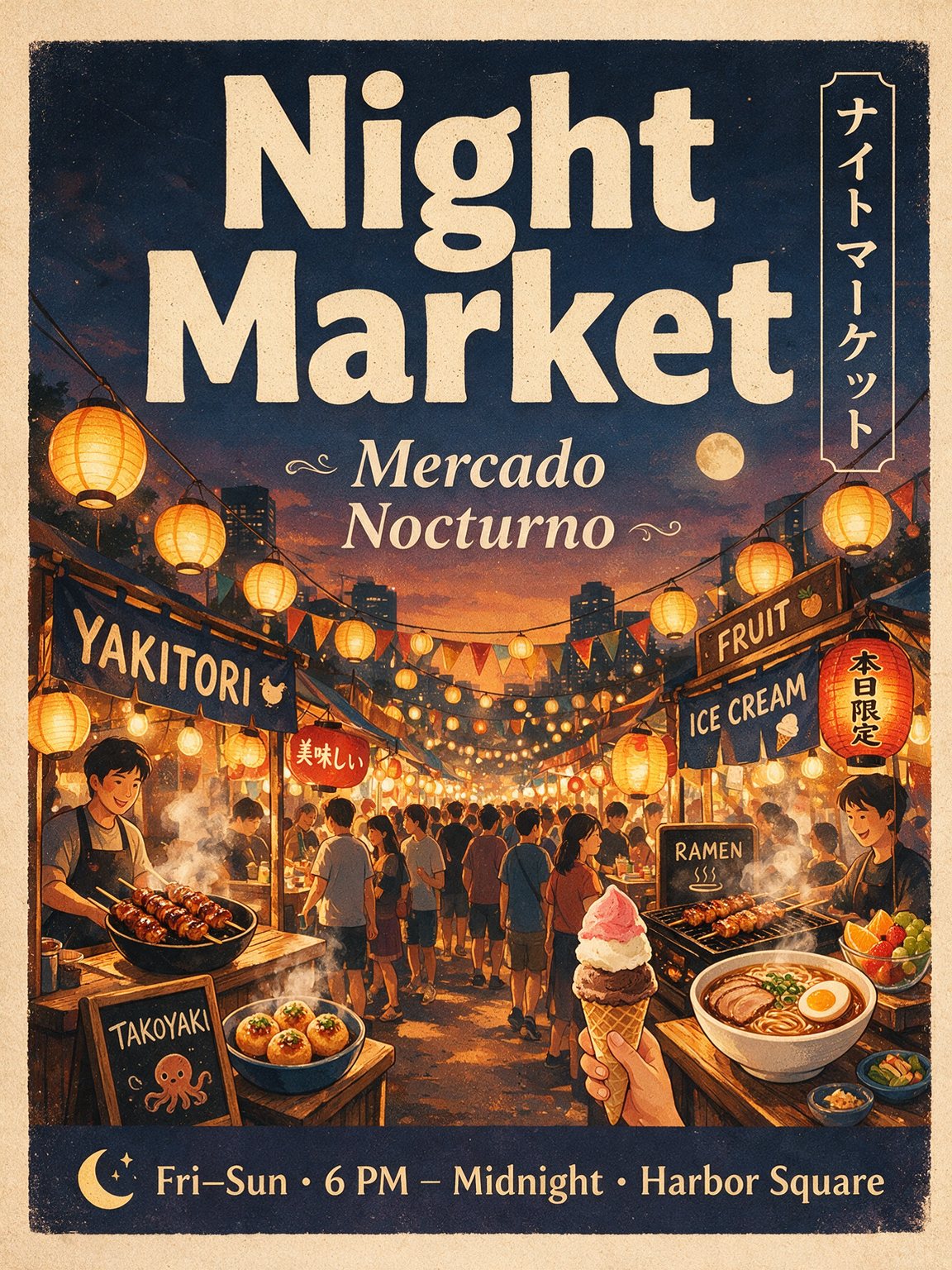 Illustrated night market poster with English, Japanese and Spanish titles