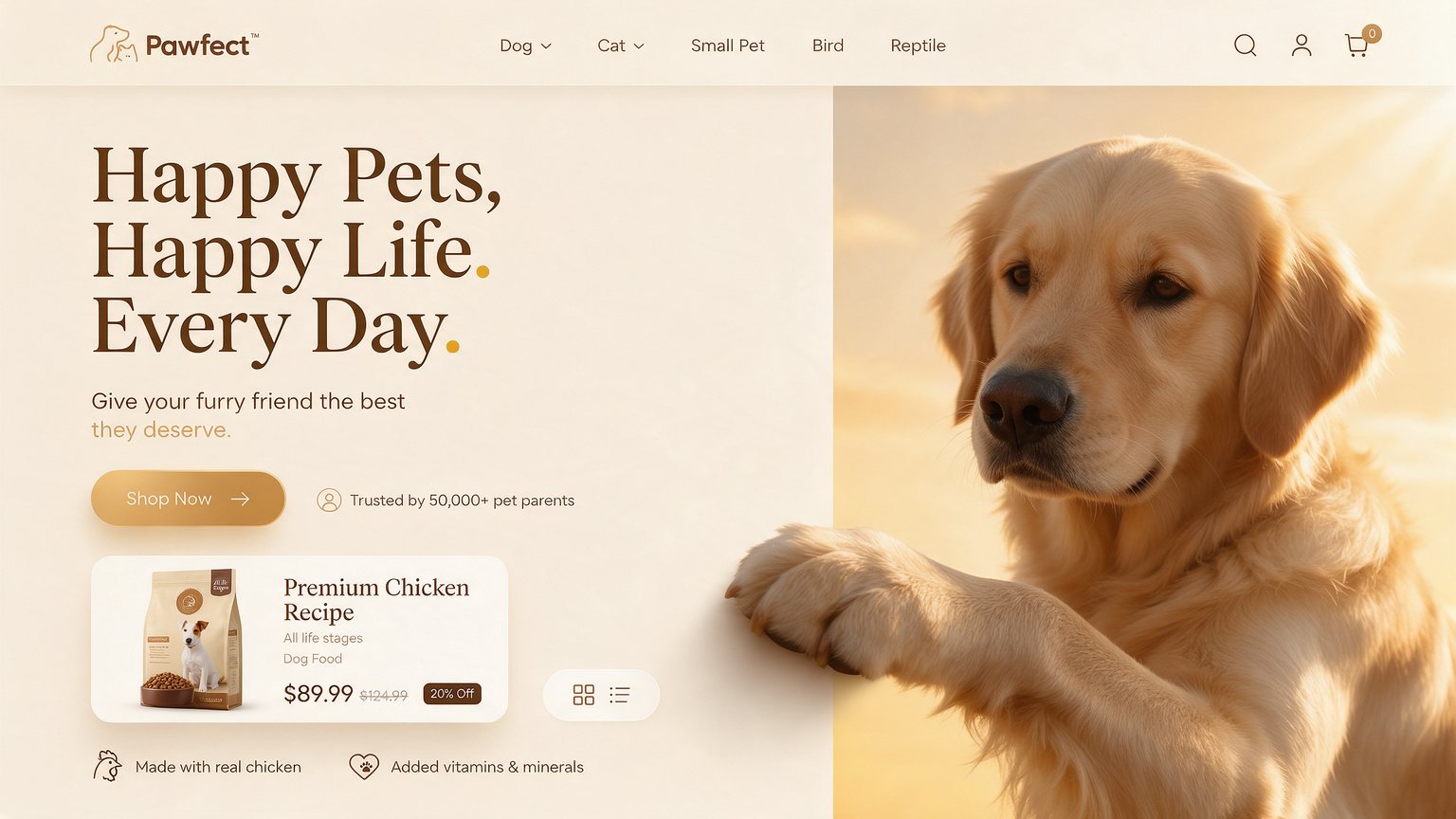Pet shop homepage UI with a golden retriever whose paw rests on the button