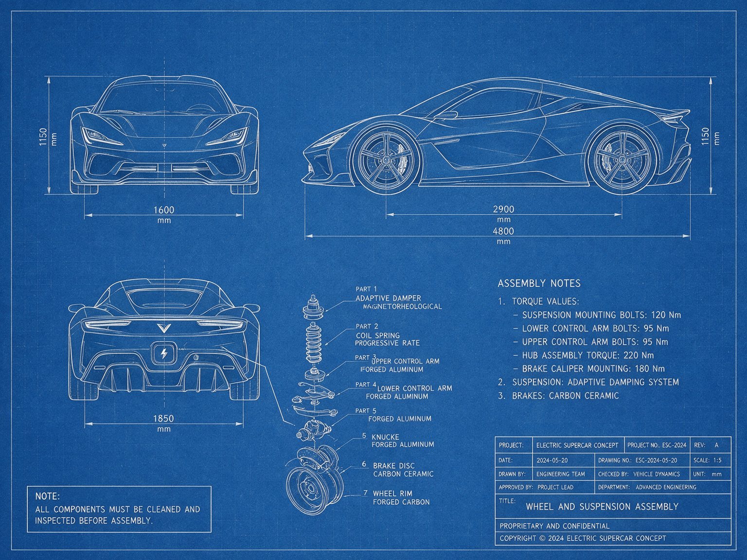 Blueprint drawing of a futuristic electric sports car with measurements