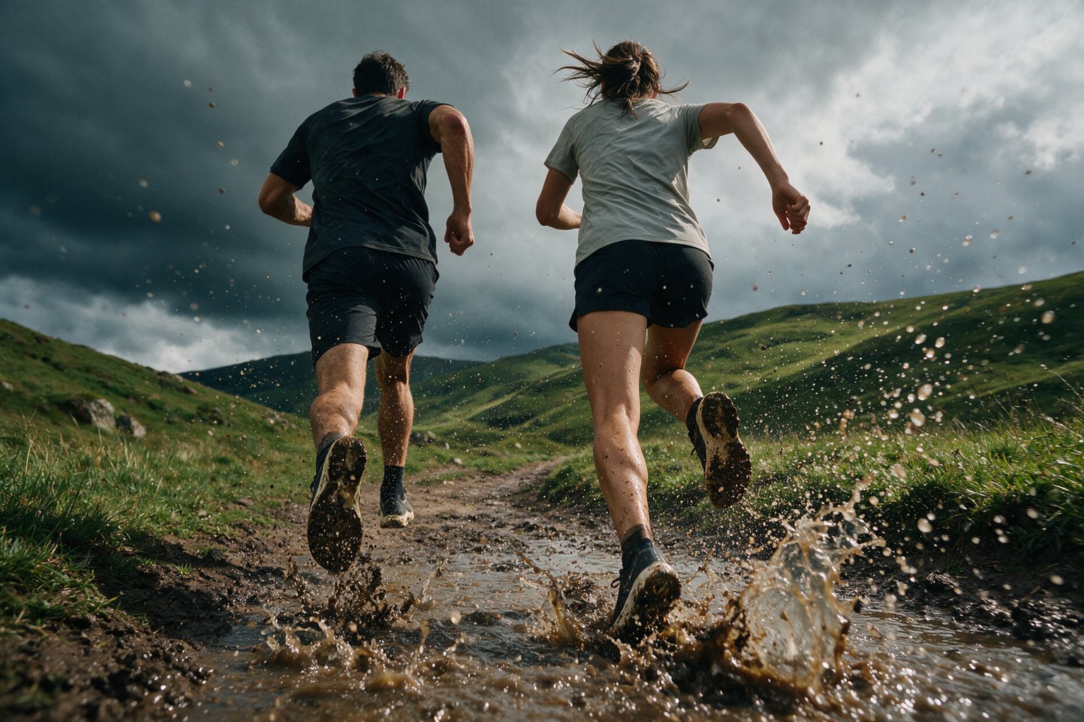 Two trail runners splashing through mud on a mountain path