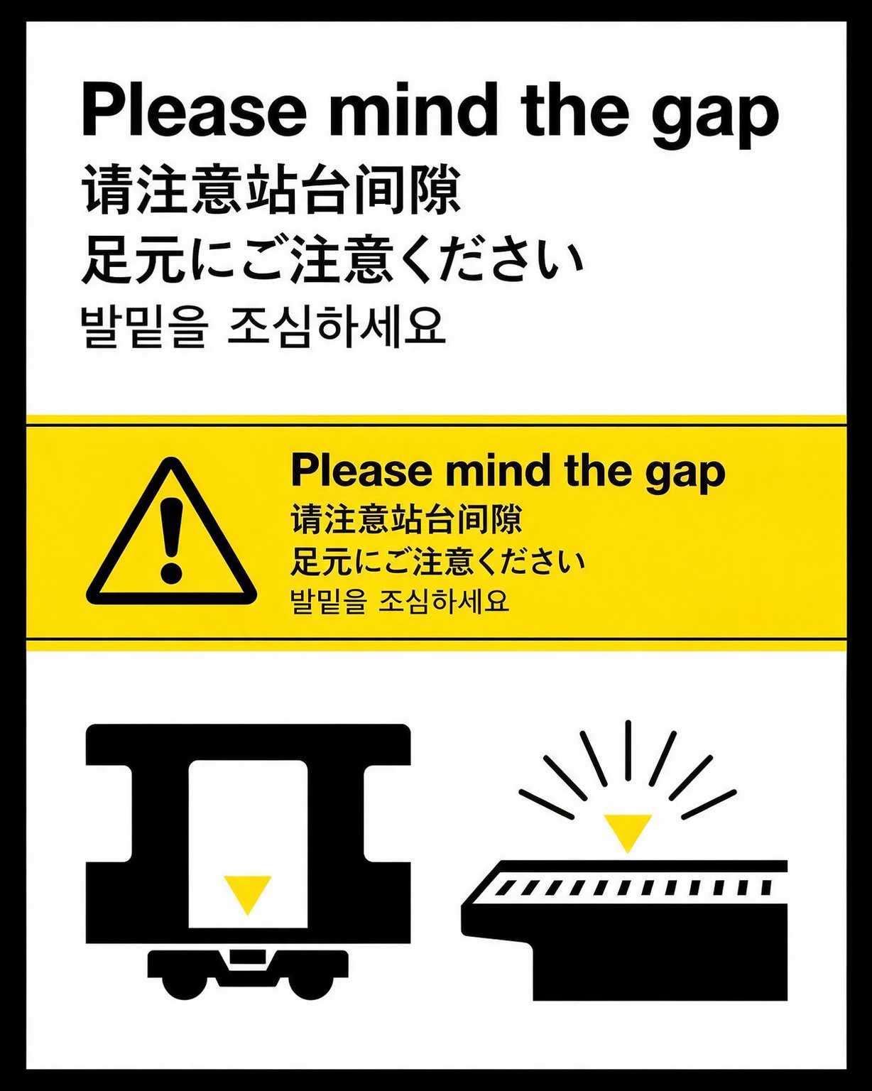 Subway safety poster reading Please mind the gap in English, Chinese, Japanese and Korean