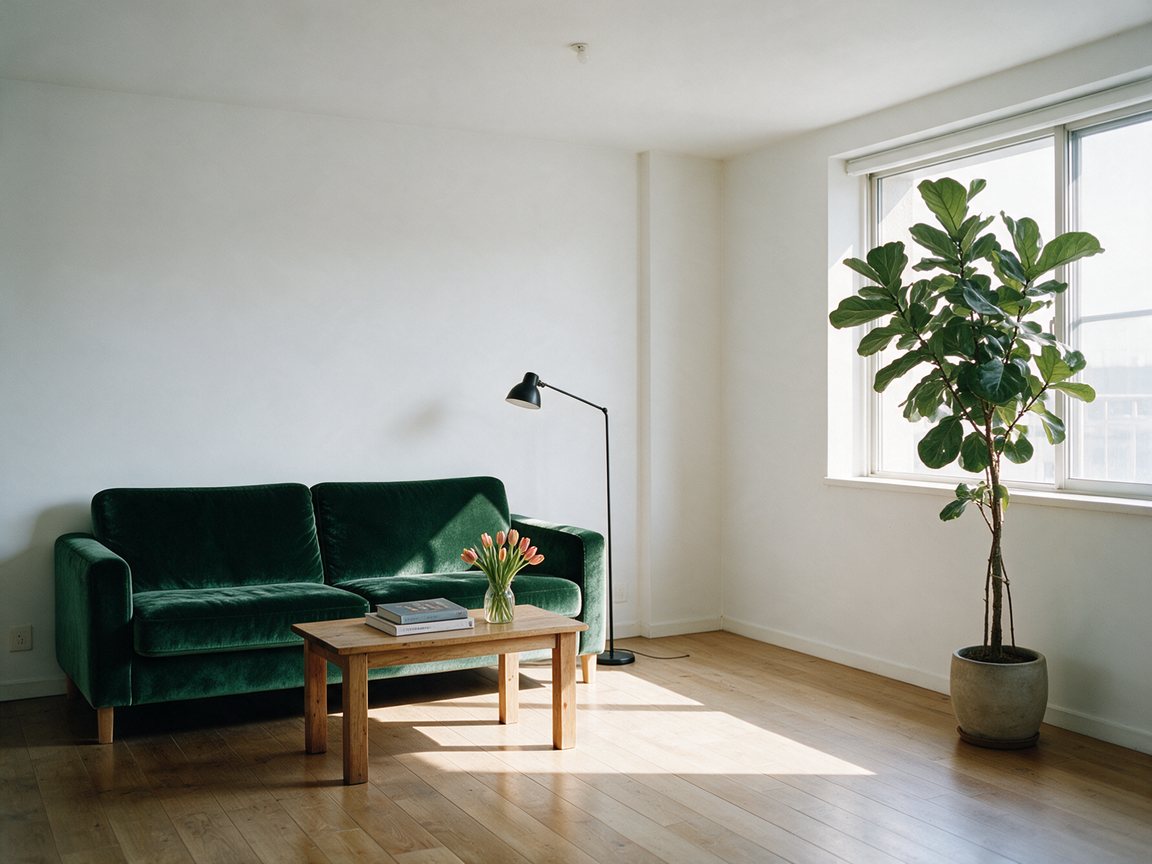 The same living room with a fig plant, a green velvet sofa and tulips added
