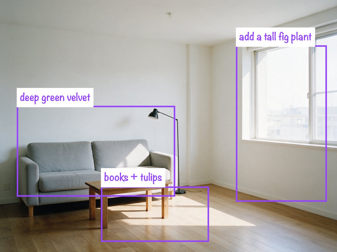 Living room photo marked with three purple boxes and handwritten edit notes