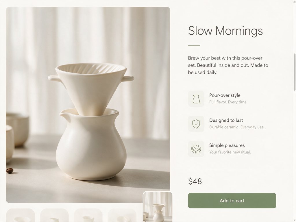 Product detail page for a white ceramic pour-over coffee set with feature callouts and a price