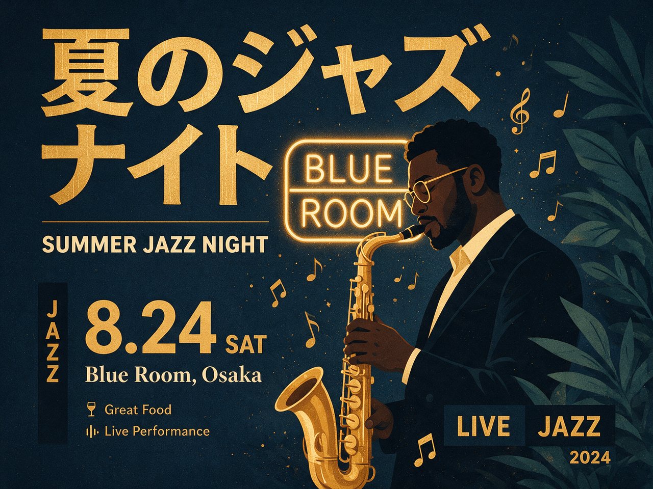 Summer jazz night poster with Japanese and English lettering and a saxophone player
