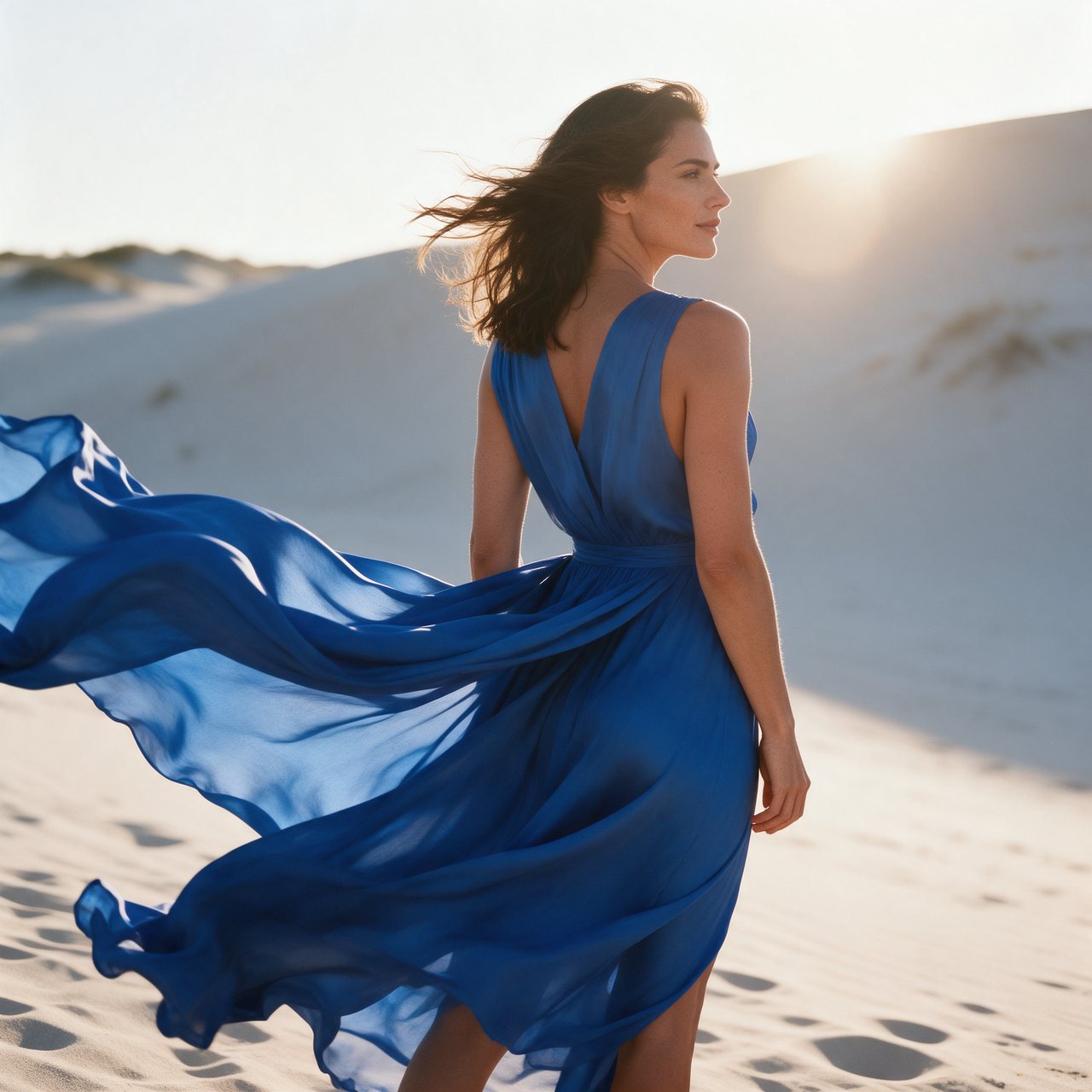 Woman in a flowing cobalt-blue silk dress on sand dunes at golden hour