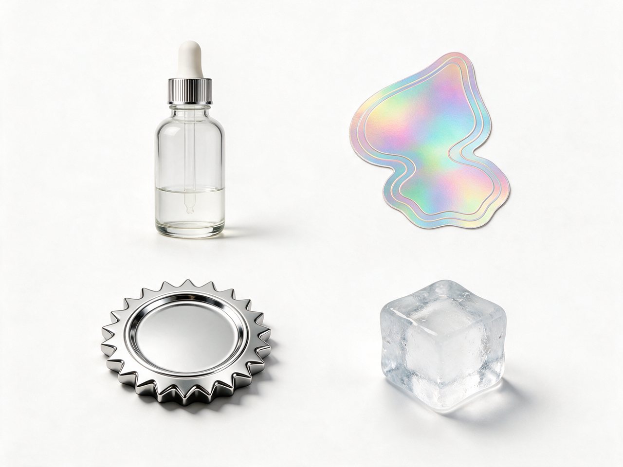 Glass dropper bottle, holographic sticker, chrome badge and ice cube on a white background