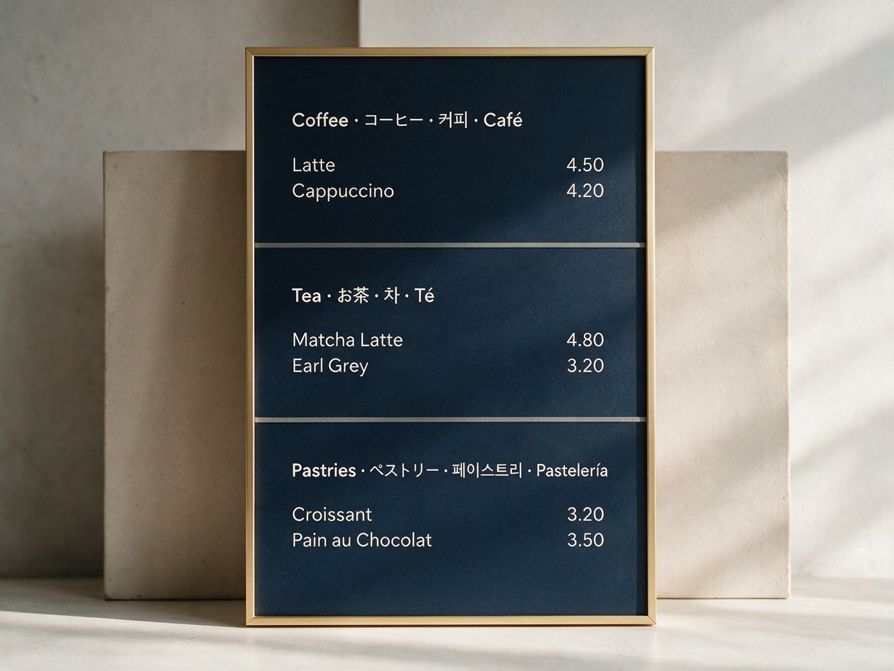 Cafe menu board with headings in English, Japanese, Korean and Spanish