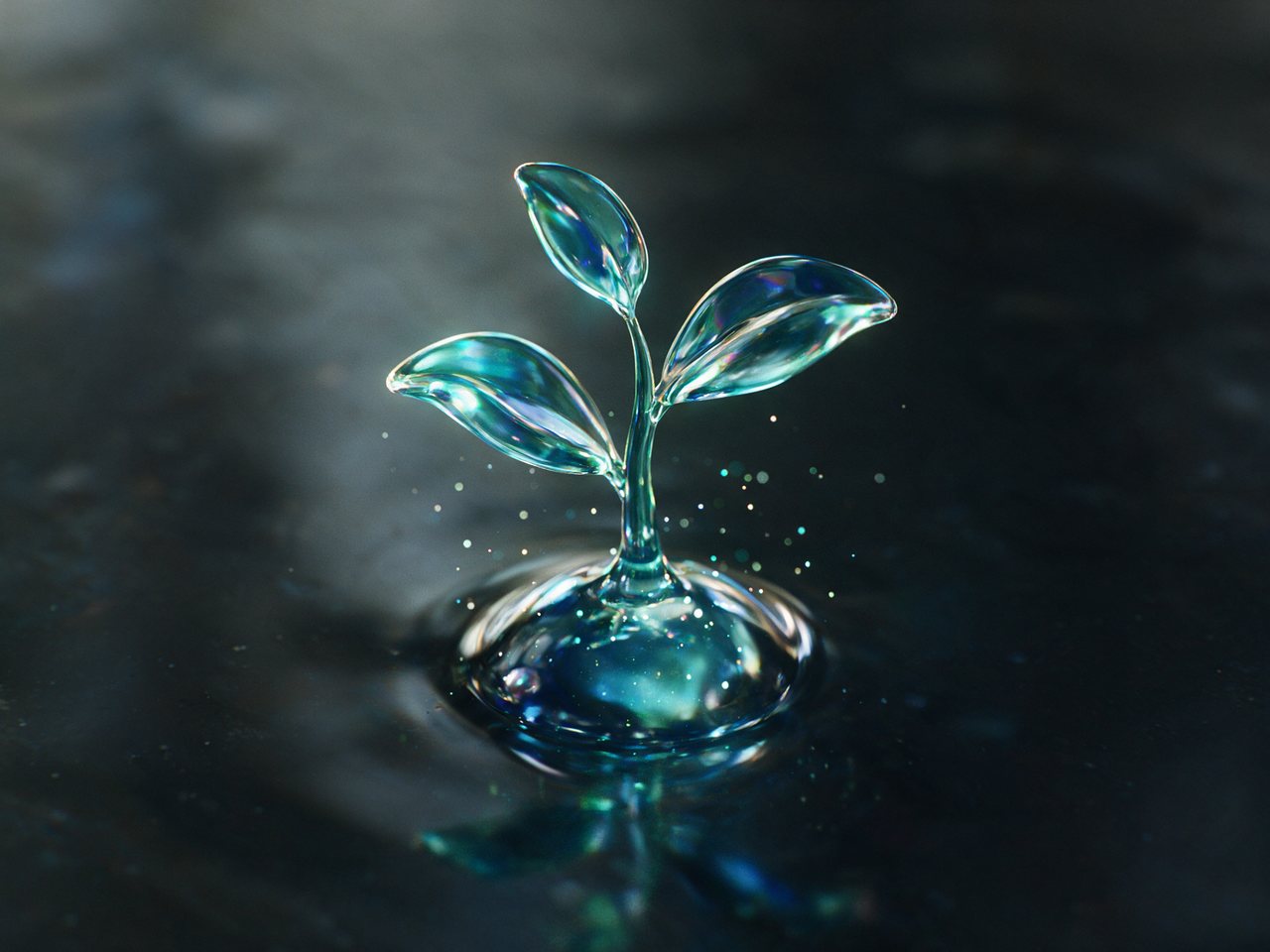 Glass seedling growing out of a glowing water droplet in blue light