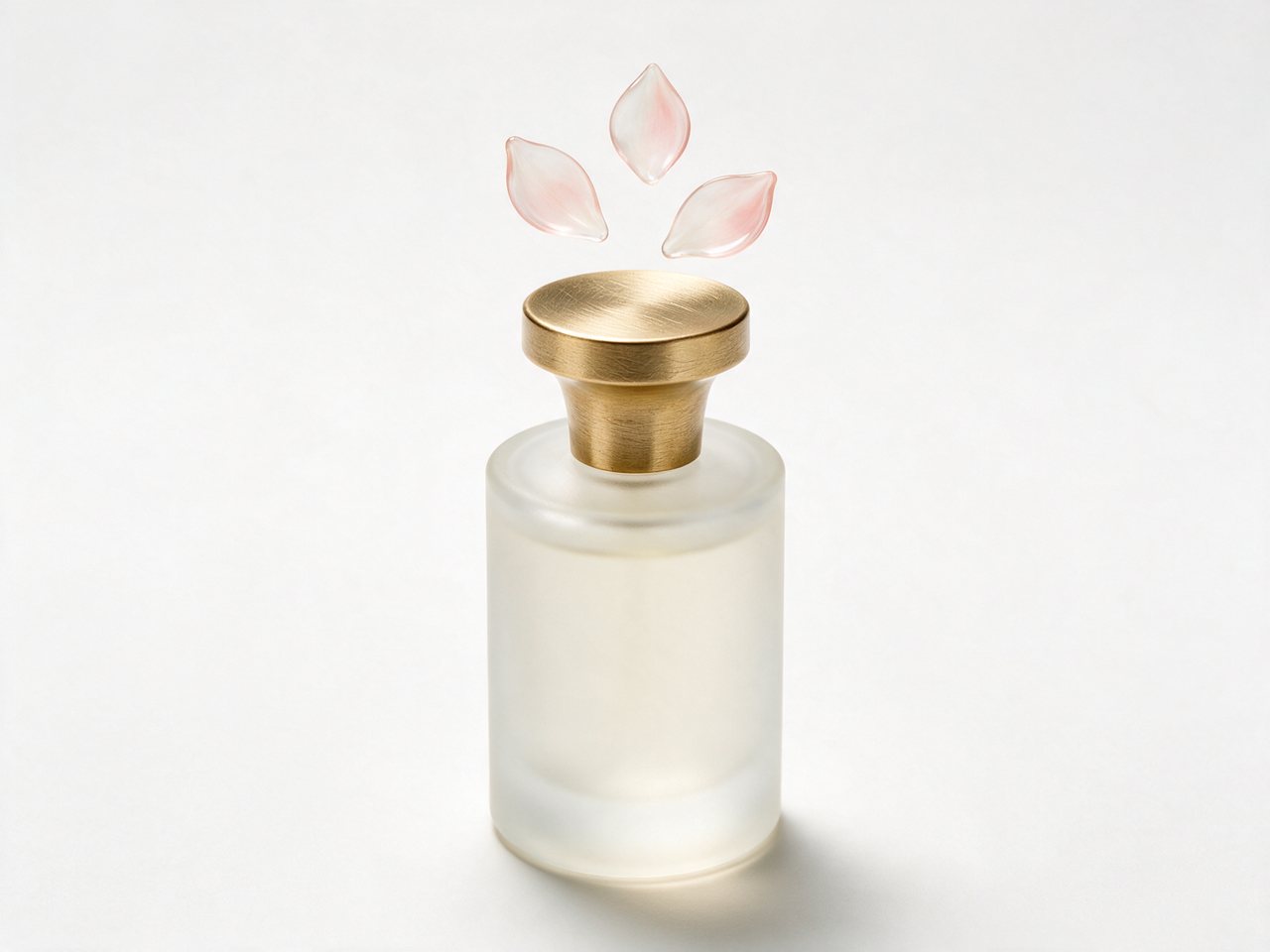 Frosted glass perfume bottle with floating glass petals on a plain white background