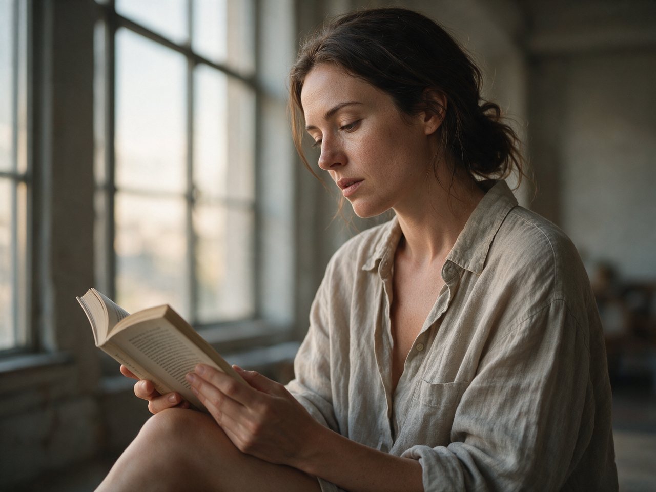 Woman reading by a window in soft side light with natural skin texture