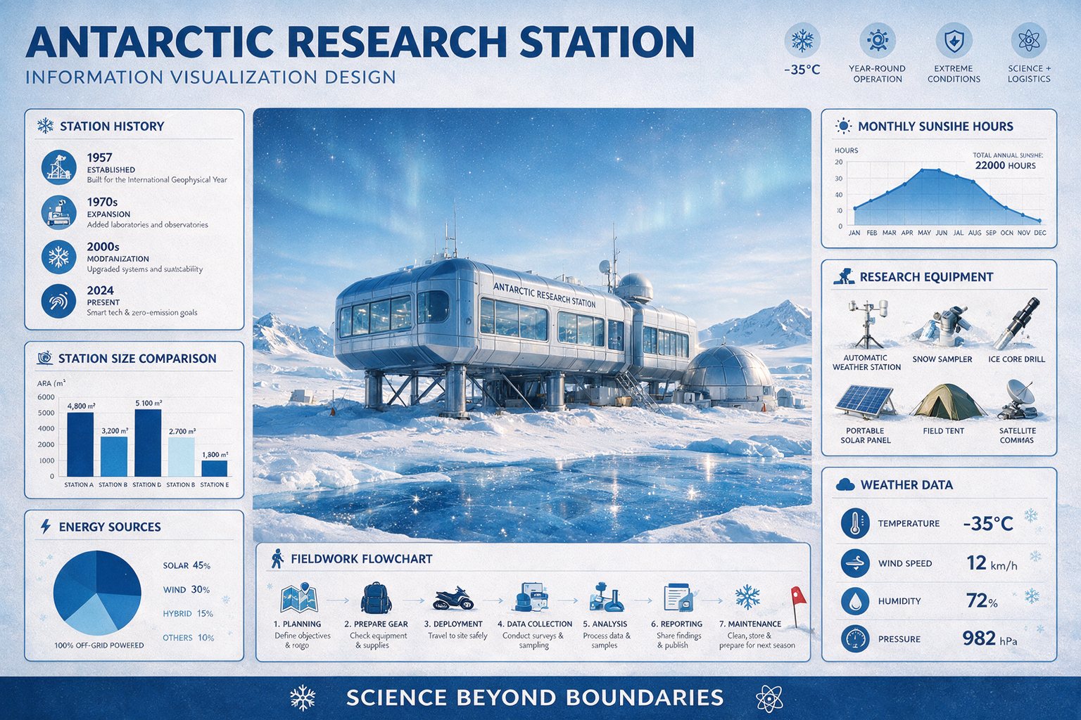 Infographic of an Antarctic research station with a timeline, bar chart, pie chart and flowchart, made with Seedream 5.0 Pro