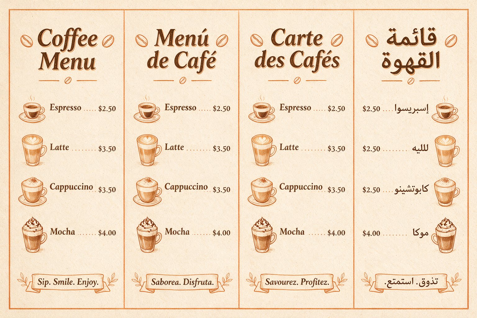 Café menu poster in English, Spanish, French and Arabic