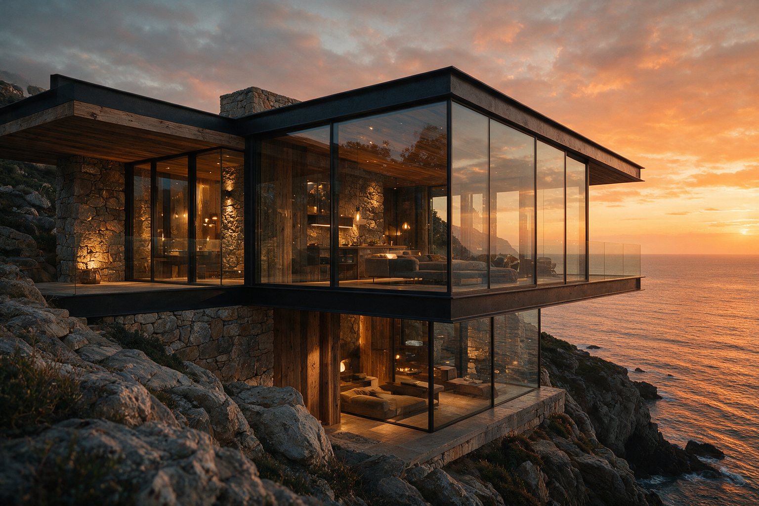 Photoreal glass villa on a sea cliff at sunset with layered reflections